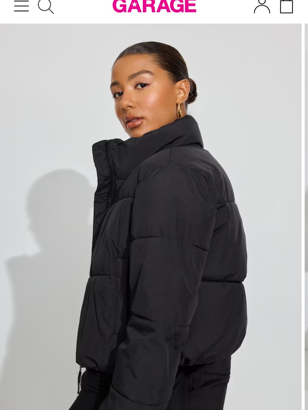 GARAGE Black Cropped Puffer Jacket with High Collar